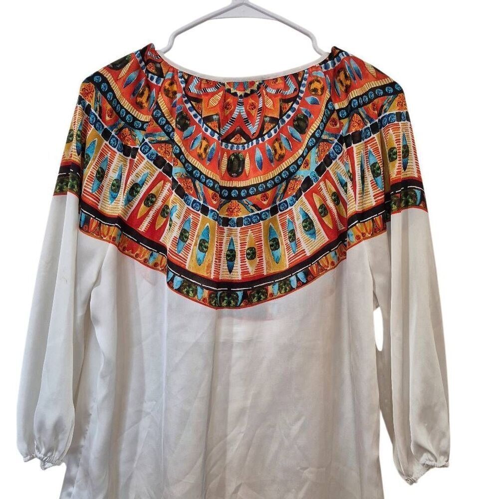 Chico's White Jewel Print Keyhole Bodice 3/4 Sleeve Blouse